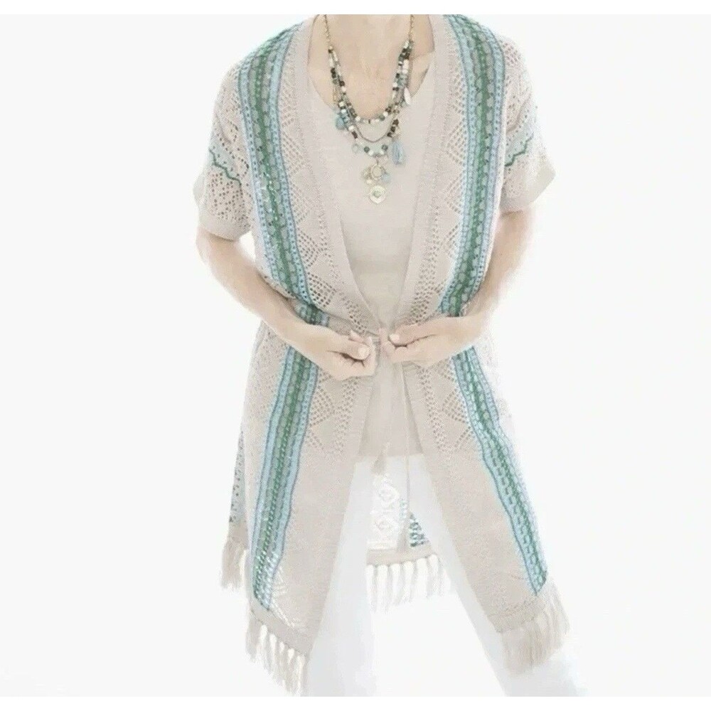 Chicos Teal Mix Fringe Detail Short Sleeve Linen Open Knit Cardigan Medium 1